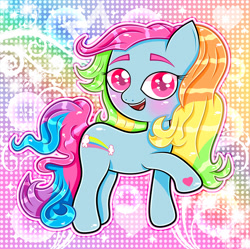 Size: 895x893 | Tagged: safe, artist:sherbertstarkitty05, rainbow dash (g3), earth pony, pony, g3, blushing, gradient background, looking at you, open mouth, open smile, rainbow background, raised hoof, smiling, solo