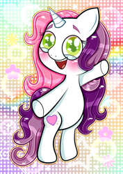 Size: 828x1169 | Tagged: safe, artist:sherbertstarkitty05, sweetie belle (g3), pony, unicorn, g3, bipedal, blushing, gradient background, horn, looking at you, open mouth, open smile, outstretched arms, rainbow background, smiling, solo