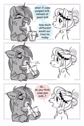 Size: 1361x2048 | Tagged: safe, artist:opalacorn, oc, oc:silver stream, oc:void, alicorn, pegasus, pony, zebra, zebra alicorn, chest fluff, comic, drink, drinking, drinking straw, duo, duo male and female, eyes closed, female, floppy ears, glass, grayscale, laurel wreath, male, mare, milk, milk moustache, monochrome, nose piercing, nose ring, partial color, piercing, simple background, stallion, white background