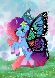 Size: 1448x2048 | Tagged: safe, artist:nuumia, misty brightdawn, pony, unicorn, cutie blossom bash, g5, my little pony: make your mark, my little pony: make your mark chapter 5, butterfly wings, choker, cute, flower, flower in hair, flying, horn, mistybetes, ocean lily, rebirth misty, smiling, solo, starry eyes, wingding eyes, wings