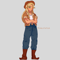 Size: 4000x4000 | Tagged: safe, artist:dearycocoa, applejack, human, equestria girls, g4, 2d, applejack's hat, belt, boots, clothes, cowboy hat, crossed arms, denim, female, freckles, geode of super strength, hat, humanized, jeans, looking at you, magical geodes, one eye closed, pants, shirt, shoes, solo, t-shirt, toothpick, wink