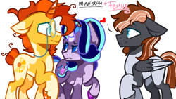 Size: 1280x720 | Tagged: safe, artist:femurthechangeling, artist:im-not-skittles, starlight glimmer, sunburst, oc, oc:vanilla dusk, pegasus, pony, unicorn, g4, alternate cutie mark, alternate design, alternate hairstyle, base used, bun hairstyle, canon x oc, eyebrows, female, folded wings, gay, gay in front of girls, glasses, glasses chain, heart, horn, male, raised eyebrow, raised hoof, simple background, starlight glimmer is not amused, sunburst's glasses, transparent background, trio, unamused, wings