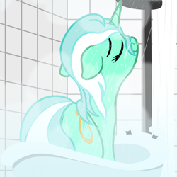 Size: 1919x1919 | Tagged: safe, artist:nitei, lyra heartstrings, pony, unicorn, g4, atg 2024, bathtub, butt, calm, eyes closed, floppy ears, fog, happy, horn, looking up, newbie artist training grounds, plot, shower, shower curtain, smiling, solo, water, wet, wet mane