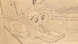 Size: 3255x1843 | Tagged: safe, artist:mlpfantealmintmoonrise, fluttershy, pegasus, g4, atg 2024, book, dear princess celestia, female, fence, hooves, irl, journal, kindness, looking down, mare, monochrome, newbie artist training grounds, peaceful, pencil, pencil drawing, photo, platform, scene interpretation, simple background, sitting, solo, traditional art, writing