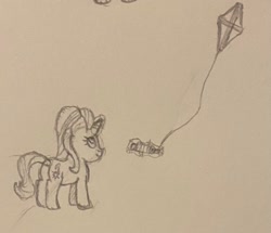 Size: 1857x1596 | Tagged: safe, artist:supersonicrainboom, starlight glimmer, pony, unicorn, g4, atg 2024, female, horn, kite, kite flying, mare, newbie artist training grounds, sketch, solo, traditional art