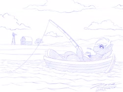Size: 1920x1440 | Tagged: safe, artist:novaintellus, big macintosh, earth pony, pony, g4, alcohol, atg 2024, beer, beer can, boat, drink, fishing, fishing rod, hoof hold, lake, lying down, male, missing accessory, monochrome, newbie artist training grounds, on back, solo, stallion, straw in mouth, water