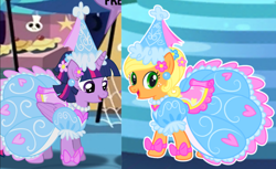 Size: 1080x659 | Tagged: safe, applejack, twilight sparkle, alicorn, earth pony, pony, g4, bow, clothes, dress, ear piercing, flower, flower in hair, froufrou glittery lacy outfit, hat, hennin, jewelry, necklace, piercing, princess, princess applejack, twilight sparkle (alicorn)
