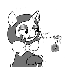 Size: 640x600 | Tagged: safe, artist:ficficponyfic, oc, oc only, oc:joyride, pony, unicorn, colt quest, bowtie, chewing, cyoa, dumplings, ear piercing, eating, eyeshadow, female, food, fork, horn, magic, makeup, mantle, mare, monochrome, onomatopoeia, piercing, simple background, solo, story included, suggestive description, telekinesis, unicorn oc, white background