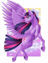 Size: 2550x3300 | Tagged: safe, artist:lilac-blaze, twilight sparkle, alicorn, pony, g4, backwards cutie mark, curved horn, female, flying, grin, high res, horn, looking back, mare, passepartout, sharp horn, smiling, solo, spread wings, twilight sparkle (alicorn), wings