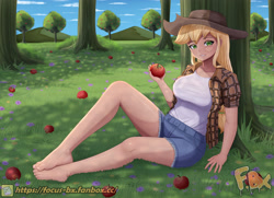 Size: 3425x2480 | Tagged: safe, artist:focusb, applejack, human, g4, apple, apple tree, barefoot, breasts, busty applejack, clothes, feet, female, grin, humanized, legs, looking at you, pants, shorts, sitting, smiling, smiling at you, solo, tree