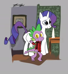 Size: 2260x2460 | Tagged: safe, artist:hollaholla69, rarity, spike, dragon, pony, unicorn, g4, age difference, butt, cat eyes, clothes, duo, duo male and female, female, high res, horn, jacket, looking at you, male, michael jackson, plot, rearity, ship:sparity, shipping, slit pupils, spikeal jackson, straight, thriller, thriller jacket