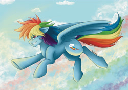 Size: 4961x3508 | Tagged: safe, artist:vixyvixen95, rainbow dash, pegasus, pony, g4, cloud, flying, sky, smiling, spread wings, wings