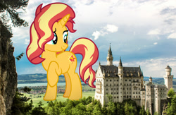 Size: 1600x1040 | Tagged: safe, artist:andoanimalia, edit, editor:jaredking779, sunset shimmer, pony, unicorn, g4, castle, female, germany, giant pony, giantess, highrise ponies, horn, irl, looking back, macro, mare, neuschwanstein, photo, ponies in real life, raised hoof, smiling, solo, story included