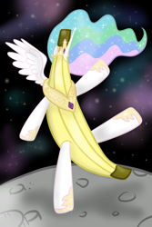 Size: 2000x3000 | Tagged: safe, artist:eilemonty, princess celestia, g4, banana, bananalestia, food, jewelry, moon, old art, on the moon, regalia, solo