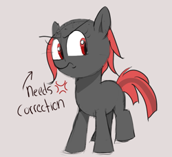 Size: 805x735 | Tagged: artist needed, safe, oc, oc only, oc:zippers, earth pony, pony, angry, bald, correction, cute, female, filly, foal, red eyes, solo, text