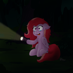 Size: 2000x2000 | Tagged: safe, artist:zeccy, oc, oc only, pegasus, pony, atg 2024, crying, dark, darkness, everfree forest, flashlight (object), newbie artist training grounds, solo, tears of fear