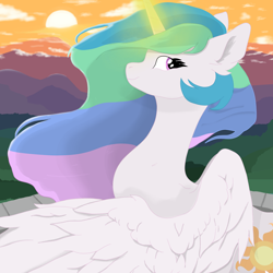 Size: 2048x2048 | Tagged: safe, artist:minecake, princess celestia, alicorn, pony, g4, ethereal mane, female, glowing, glowing horn, horn, magic, magic aura, mare, morning, raising the sun, smiling, solo, sun work, sunrise