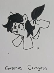 Size: 1469x2010 | Tagged: safe, artist:pony quarantine, oc, oc only, oc:filly anon, earth pony, pony, female, filly, foal, grayscale, monochrome, open mouth, open smile, pen drawing, smiling, solo, traditional art