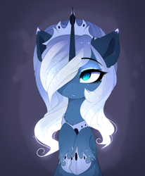 Size: 1752x2130 | Tagged: safe, artist:magnaluna, princess luna, alicorn, pony, g4, alternate design, chest fluff, colored eartips, colored horn, crown, cute, ear fluff, ear tufts, eyeshadow, female, gradient ears, hair over one eye, hoof shoes, hooves to the chest, horn, jewelry, looking at you, lunabetes, makeup, mare, peytral, princess shoes, regalia, slit pupils, solo, tiara, white-haired luna