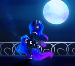 Size: 1600x1422 | Tagged: safe, artist:magnaluna, princess luna, alicorn, pony, g4, balcony, both cutie marks, butt, color porn, crown, curved horn, ear fluff, ethereal mane, ethereal tail, female, full moon, galaxy mane, hoof shoes, horn, jewelry, mare, moon, moonbutt, night, night sky, outdoors, peytral, plot, princess shoes, rear view, regalia, sky, solo, spread wings, stars, tail, transparent wings, wings