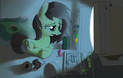 Size: 2732x1736 | Tagged: safe, artist:mandumustbasukanemen, oc, oc:filly anon, pony, atg 2024, body pillow, computer, drink, energy drink, female, filly, foal, lying down, monitor, monster energy, newbie artist training grounds, ponyloaf, prone, retro, solo, tired