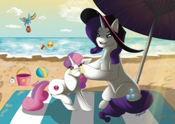 Size: 640x453 | Tagged: safe, artist:vixyvixen95, apple bloom, applejack, rainbow dash, rarity, scootaloo, sweetie belle, earth pony, pegasus, pony, unicorn, g4, apple sisters, beach, beach ball, beach towel, belle sisters, blue sky, bucket, cloud, embarrassed, female, flying, hat, hoof around neck, hoof on face, horn, jewelry, lowres, missing accessory, necklace, ocean, pail, parasol (umbrella), shovel, siblings, sisters, sitting, sky, spread wings, summer, sun hat, sunscreen, umbrella, water, wet, wings