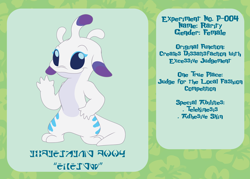 Size: 2100x1500 | Tagged: safe, artist:prixy05, rarity, alien, g4, experiment, female, lilo and stitch, reference sheet, simple background, solo, species swap, text