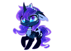 Size: 1562x1127 | Tagged: safe, artist:magnaluna, princess luna, alicorn, pony, g4, ambiguous facial structure, cheek fluff, chest fluff, chibi, crown, curved horn, ethereal mane, ethereal tail, female, floppy ears, horn, jewelry, open mouth, open smile, pale belly, raised hoof, regalia, simple background, smiling, solo, tail, transparent background