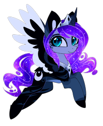 Size: 1945x2383 | Tagged: safe, artist:magnaluna, part of a set, princess luna, alicorn, pony, zefiros codex, g4, alternate hairstyle, alternate universe, cheek fluff, colored wings, colored wingtips, crown, ethereal mane, ethereal tail, female, high res, horn, jewelry, looking at you, mare, peytral, regalia, simple background, smiling, smiling at you, solo, spread wings, tail, transparent background, wings