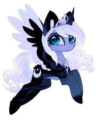 Size: 1945x2383 | Tagged: safe, artist:magnaluna, part of a set, princess luna, alicorn, pony, zefiros codex, g4, alternate design, alternate hairstyle, alternate universe, cheek fluff, colored wings, colored wingtips, crown, female, high res, horn, jewelry, looking at you, mare, peytral, regalia, simple background, smiling, smiling at you, solo, spread wings, tail, transparent background, white-haired luna, wings
