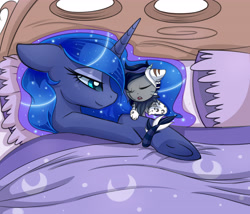Size: 4680x4000 | Tagged: dead source, safe, artist:magnaluna, princess luna, oc, oc:kaos lunar, oc:kaos zephyr cheshire lunar, alicorn, hybrid, pony, g4, absurd resolution, bed, cute, duo, duo male and female, ethereal mane, eyeshadow, female, horn, interspecies offspring, lidded eyes, lying down, lying on bed, makeup, male, mare, mother and child, mother and son, offspring, on bed, open mouth, parent:discord, parent:princess luna, parents:lunacord, pillow, sleeping, smiling, starry mane, underhoof