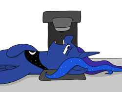 Size: 1513x1143 | Tagged: safe, artist:doodledonutart, princess luna, alicorn, pony, g4, atg 2024, coffee machine, drop, ethereal mane, exhausted, female, folded wings, horn, lazy, lying down, mare, newbie artist training grounds, on back, open mouth, peytral, simple background, solo, starry mane, tired, white background, wings