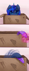 Size: 2610x6400 | Tagged: safe, artist:magnaluna, princess luna, cat, cat pony, original species, pony, g4, 3 panel comic, absurd resolution, behaving like a cat, box, catified, claws, comic, cute, ear fluff, eye reflection, feather, female, horn, implied twilight sparkle, levitation, looking at you, lunabetes, magic, magic aura, offscreen character, pony in a box, quill, reflection, scratches, solo, soon, species swap, telekinesis