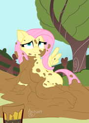 Size: 5100x7019 | Tagged: safe, artist:sebaku, fluttershy, pegasus, anthro, g4, bbw, chubby, fat, messy, mud, mud bath, solo, wet and messy