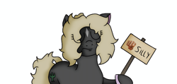 Size: 1440x686 | Tagged: safe, artist:thomas.senko, oc, oc:black betty, earth pony, pony, black skin, blonde, blonde hair, blonde mane, cactus, female, mare, sign, silly, simple background, white background