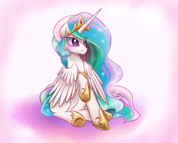 Size: 4600x3700 | Tagged: dead source, safe, artist:magnaluna, princess celestia, alicorn, pony, g4, absurd resolution, blushing, crown, cute, cutelestia, ethereal mane, ethereal tail, female, hoof shoes, horn, jewelry, long horn, mare, peytral, princess shoes, raised hoof, regalia, sitting, solo, spread wings, starry mane, tail, wings