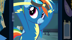 Size: 1920x1080 | Tagged: safe, screencap, rainbow dash, pegasus, pony, g4, grannies gone wild, clothes, cute, dashabetes, female, folded wings, goggles, goggles on head, indoors, locker room, lockers, looking up, smiling, solo, tail, uniform, wings, wonderbolts, wonderbolts uniform