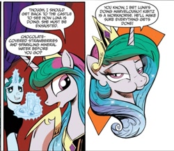 Size: 859x748 | Tagged: safe, artist:andy price, idw, official comic, princess celestia, alicorn, pony, unicorn, g4, micro-series #10, my little pony micro-series, spoiler:comic, chewing, eating, horn, unnamed character, unnamed pony