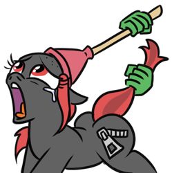 Size: 460x462 | Tagged: safe, oc, oc only, oc:anon, oc:zippers, earth pony, pony, bald, crying, cute, female, mare, plunger, red eyes, simple background, tail, tail pull, white background