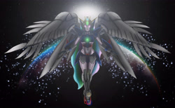 Size: 5832x3600 | Tagged: safe, artist:artemis-polara, princess celestia, principal celestia, human, equestria girls, g4, absurd resolution, armor, belly button, breasts, commission, crossover, earth, frown, glowing, glowing eyes, gundam, gundam wing, mecha musume, solo, space, spread wings, sun, underboob, wing zero custom, wings