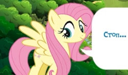 Size: 417x247 | Tagged: safe, gameloft, screencap, fluttershy, pegasus, pony, g4, cyrillic, game, russian, solo, stop
