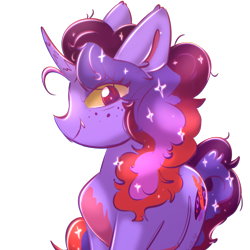 Size: 2048x2048 | Tagged: safe, alternate version, artist:cupute, misty brightdawn, oc, oc:bisty, pony, g5, alternate cutie mark, alternate design, alternate eye color, alternate hair color, alternate hairstyle, chromatic aberration, curly hair, curly mane, curly tail, curved horn, cutiemark swap, evil smile, fluffy, freckles, frizzy hair, horn, png, redesign, reference, reference to another series, shiny, shiny mane, simple background, slit pupils, smiling, sparkles, stars, tail, teeth, transparent background, yellow eyes