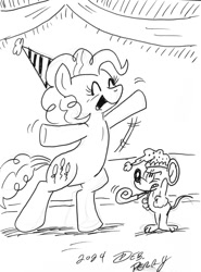 Size: 1476x2000 | Tagged: safe, artist:debmervin, pinkie pie, oc, oc:mervin mouse, earth pony, pony, bipedal, black and white, grayscale, hat, monochrome, party hat