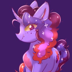 Size: 2048x2048 | Tagged: safe, alternate version, artist:cupute, misty brightdawn, oc, oc:bisty, pony, g5, alternate cutie mark, alternate design, alternate eye color, alternate hair color, alternate hairstyle, chromatic aberration, curly hair, curly mane, curly tail, curved horn, cutiemark swap, evil smile, fluffy, freckles, frizzy hair, horn, png, purple background, redesign, reference, reference to another series, shiny, shiny mane, simple background, slit pupils, smiling, sparkles, stars, tail, teeth, yellow eyes