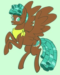Size: 1440x1800 | Tagged: safe, artist:broniesforponies, spur, pegasus, pony, g4, brown coat, brown wings, green background, neckerchief, rearing, simple background, smiling, solo, spread wings, teal mane, teal tail, wings