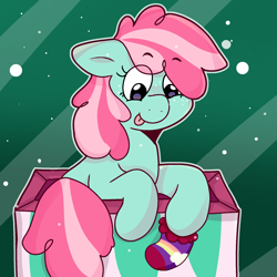 Size: 1780x1780 | Tagged: safe, artist:razzaroola, minty, earth pony, pony, a very minty christmas, g3, clothes, female, freckles, smiling, socks, tail, that pony sure does love socks, tongue out