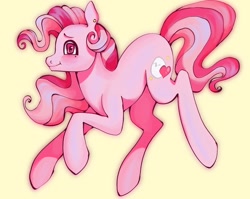 Size: 1440x1148 | Tagged: safe, artist:broniesforponies, oc, oc only, earth pony, pony, earth pony oc, female, full body, mare, not pinkie pie, pink coat, pink eyes, pink mane, pink tail, simple background, smiling, solo, tail, yellow background