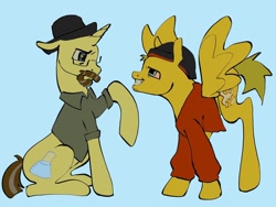 Size: 1440x1080 | Tagged: safe, artist:broniesforponies, pegasus, pony, unicorn, blue background, breaking bad, duo, duo male, heisenberg, horn, jesse pinkman, male, ponified, raised hoof, simple background, sitting, stallion, walter white