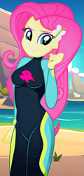 Size: 711x1480 | Tagged: safe, artist:rosasmitt, fluttershy, human, equestria girls, g4, breasts, busty fluttershy, clothes, female, fluttershy's wetsuit, solo, swimsuit, wetsuit