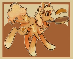 Size: 1440x1170 | Tagged: safe, artist:broniesforponies, oc, oc only, oc:star cakes, pegasus, pony, 4 wings, abstract background, female, food, frying pan, mare, multiple wings, orange coat, pancakes, pegasus oc, solo, wings